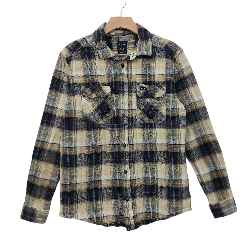 RVCA Mens Medium Beige Navy Flannel Shirt Plaid Long Sleeve Cotton Outdoor